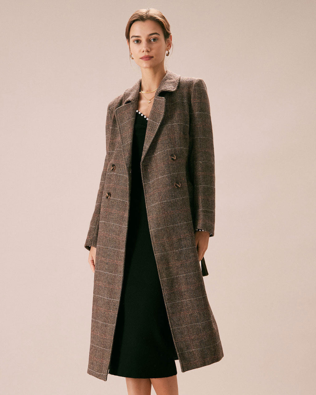 Double Breasted Wool Look Coat with Lapel Collar and Belt - Coffee