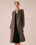 Double Breasted Wool Look Coat with Lapel Collar and Belt - Coffee