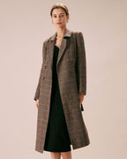 Double Breasted Wool Look Coat with Lapel Collar and Belt - Coffee