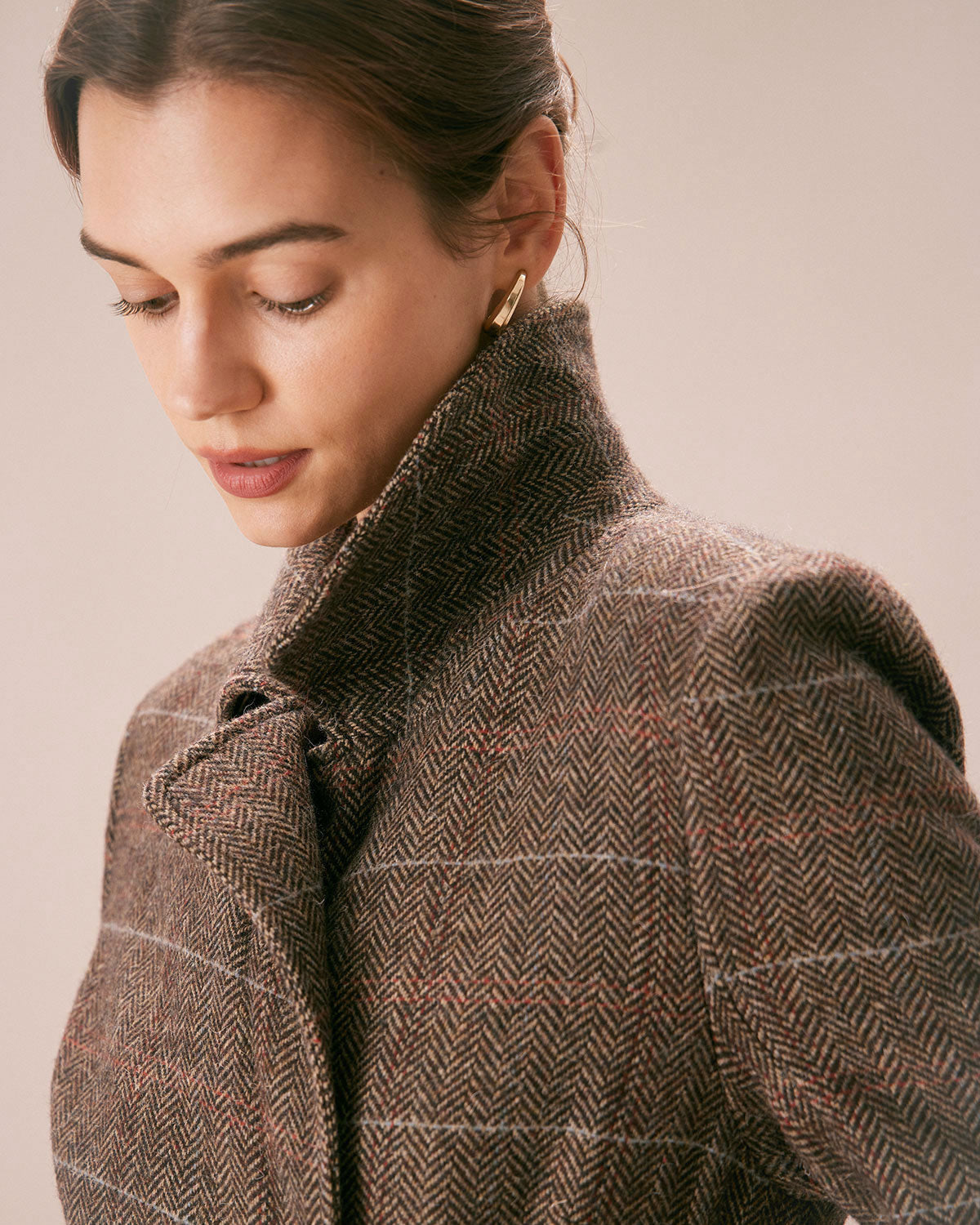 Double Breasted Wool Look Coat with Lapel Collar and Belt - Coffee