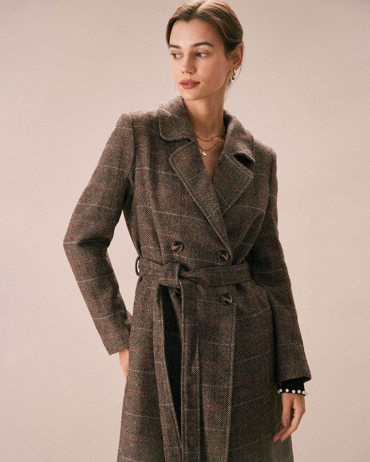 Double Breasted Wool Look Coat with Lapel Collar and Belt - Coffee