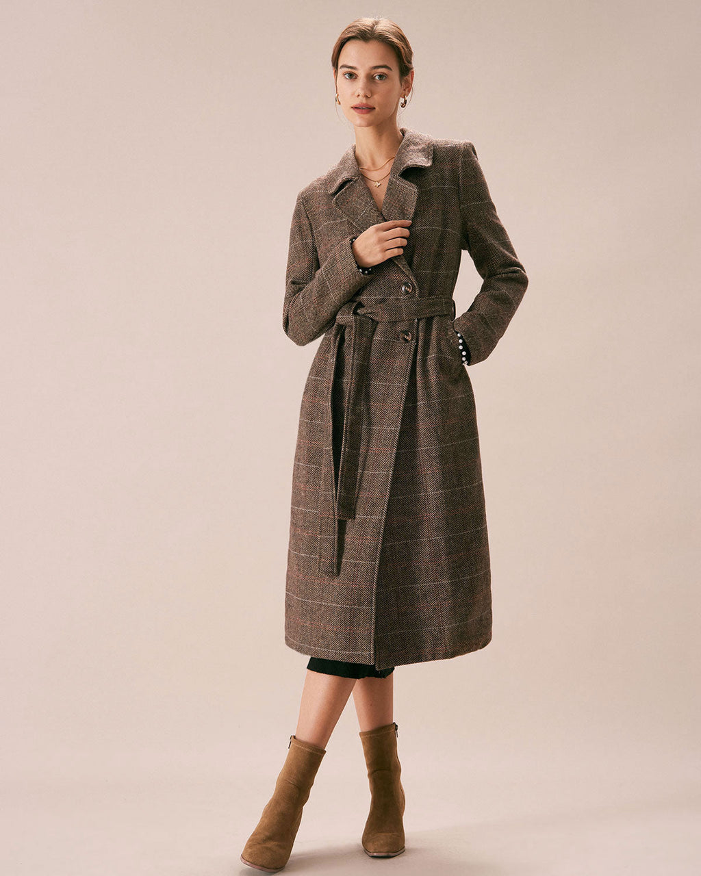 Double Breasted Wool Look Coat with Lapel Collar and Belt - Coffee