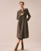 Double Breasted Wool Look Coat with Lapel Collar and Belt - Coffee