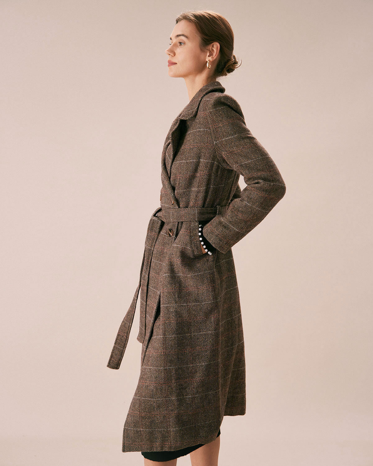 Double Breasted Wool Look Coat with Lapel Collar and Belt - Coffee