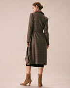 Double Breasted Wool Look Coat with Lapel Collar and Belt - Coffee