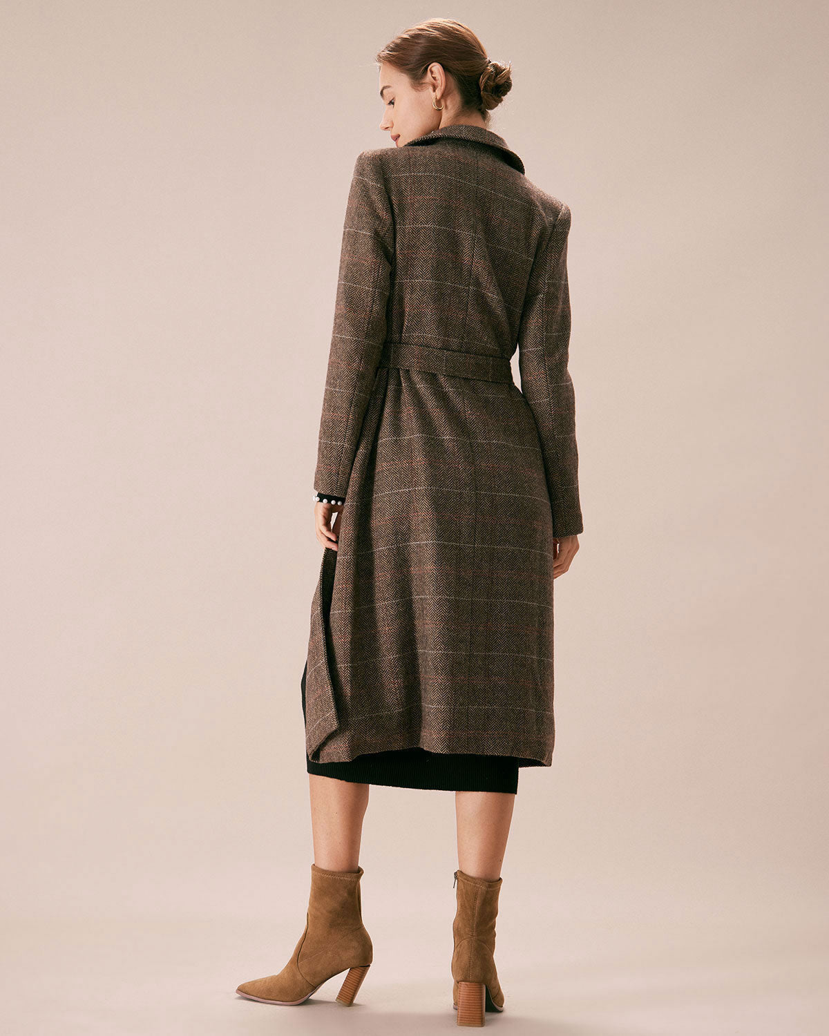 Double Breasted Wool Look Coat with Lapel Collar and Belt - Coffee