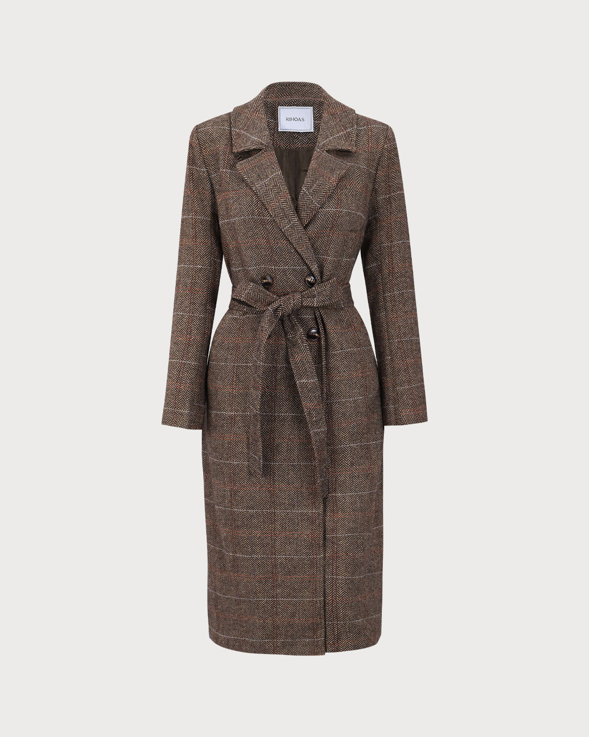 Double Breasted Wool Look Coat with Lapel Collar and Belt - Coffee