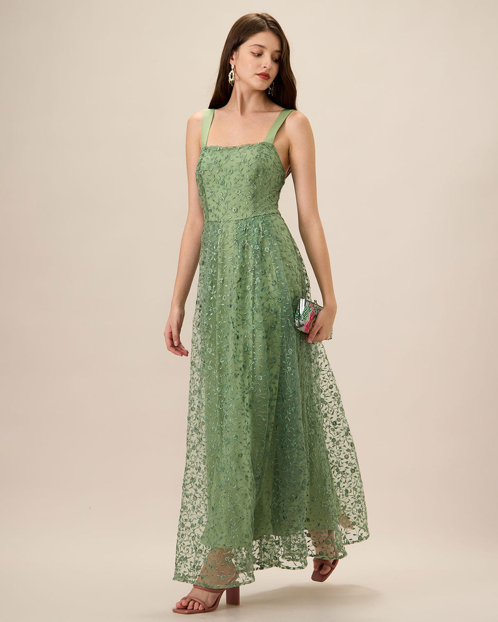 Embroidered Mesh Maxi Dress with Square Neck and Straps - Green