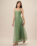 Embroidered Mesh Maxi Dress with Square Neck and Straps - Green
