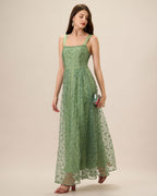 Embroidered Mesh Maxi Dress with Square Neck and Straps - Green