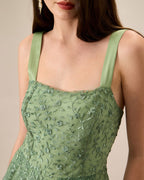 Embroidered Mesh Maxi Dress with Square Neck and Straps - Green
