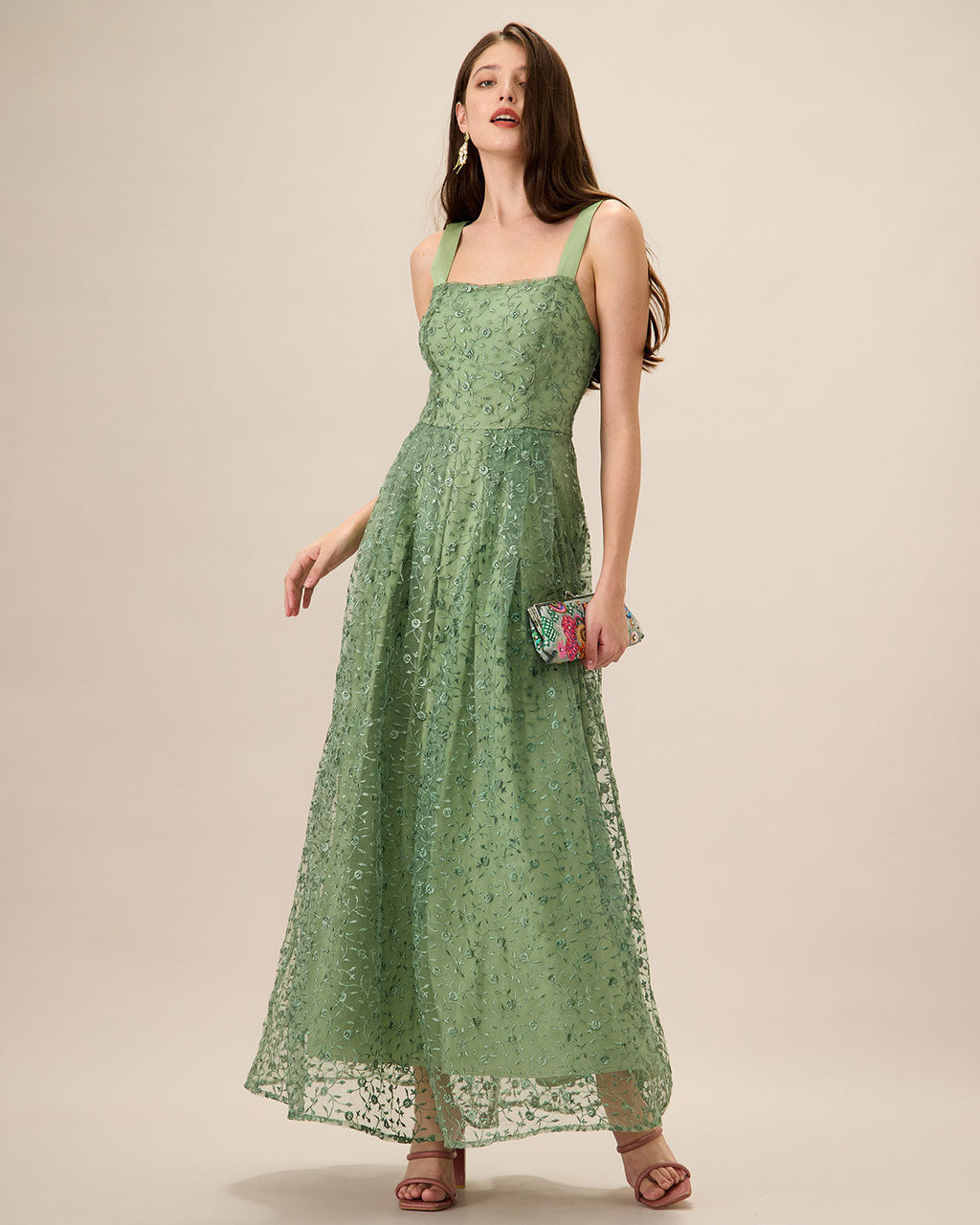 Embroidered Mesh Maxi Dress with Square Neck and Straps - Green