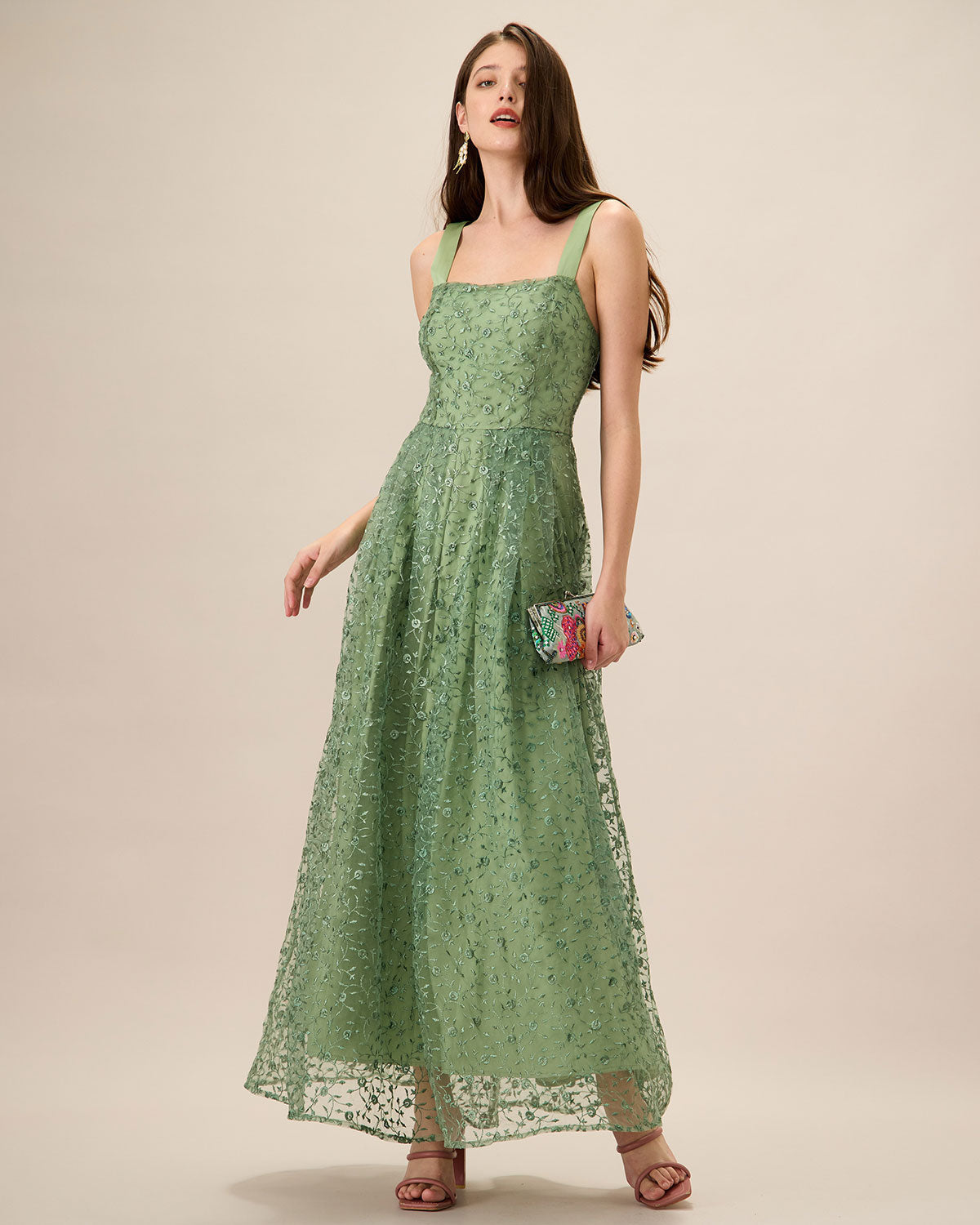 Embroidered Mesh Maxi Dress with Square Neck and Straps - Green