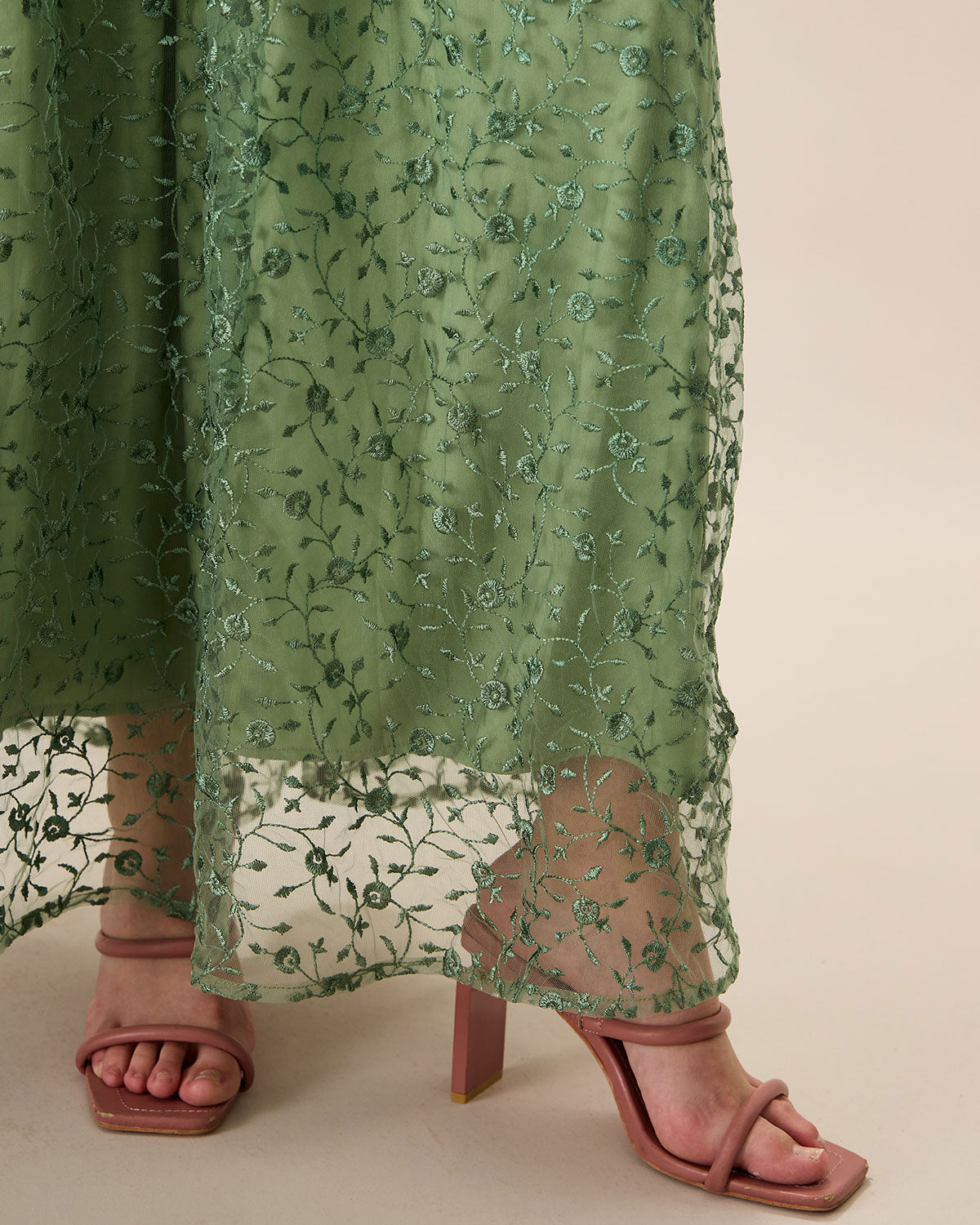 Embroidered Mesh Maxi Dress with Square Neck and Straps - Green