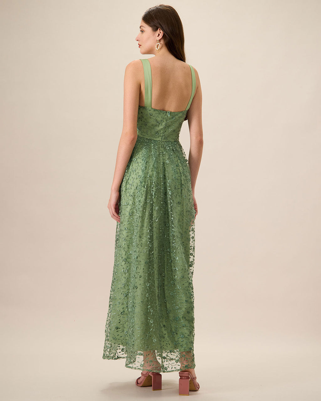 Embroidered Mesh Maxi Dress with Square Neck and Straps - Green
