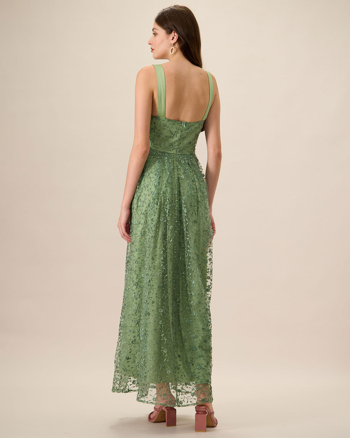 Embroidered Mesh Maxi Dress with Square Neck and Straps - Green