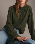 Embroidered Shirt with Frilled Stand Collar and Cuffs - Green