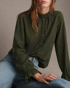 Embroidered Shirt with Frilled Stand Collar and Cuffs - Green