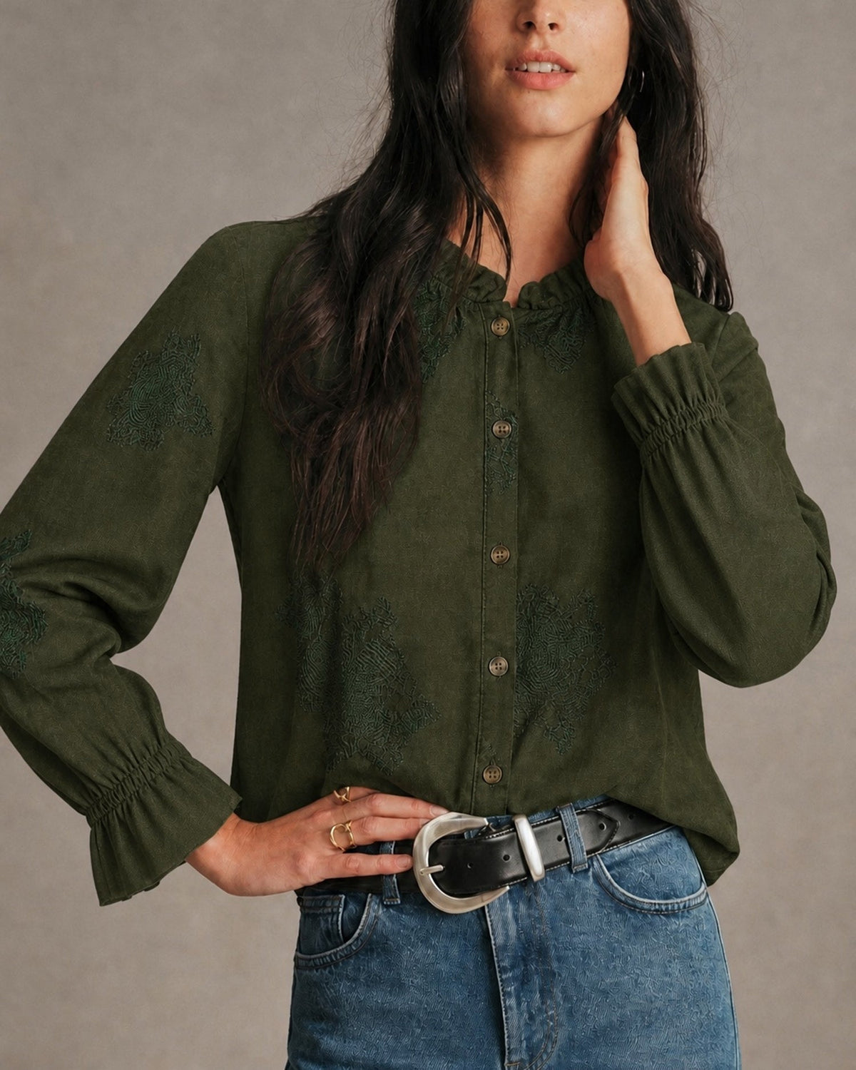 Embroidered Shirt with Frilled Stand Collar and Cuffs - Green