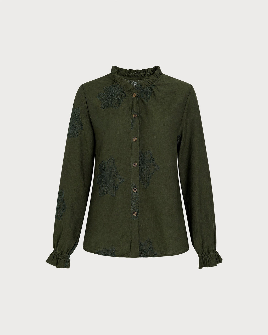Embroidered Shirt with Frilled Stand Collar and Cuffs - Green
