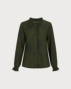 Embroidered Shirt with Frilled Stand Collar and Cuffs - Green