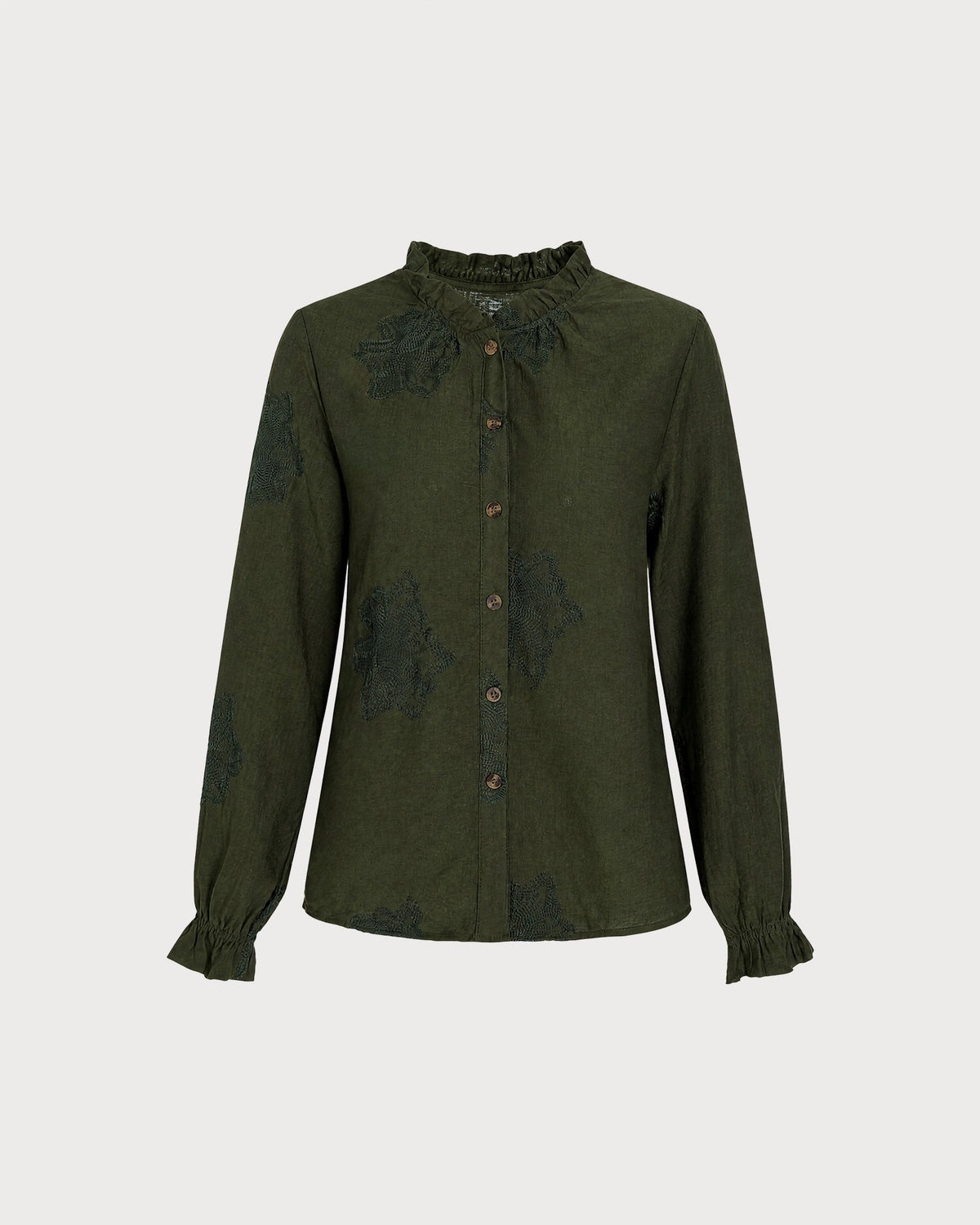 Embroidered Shirt with Frilled Stand Collar and Cuffs - Green