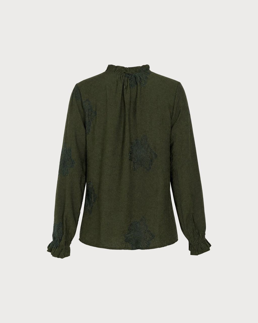 Embroidered Shirt with Frilled Stand Collar and Cuffs - Green