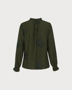 Embroidered Shirt with Frilled Stand Collar and Cuffs - Green