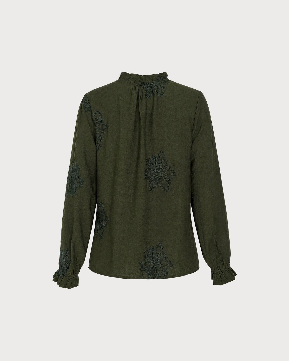 Embroidered Shirt with Frilled Stand Collar and Cuffs - Green