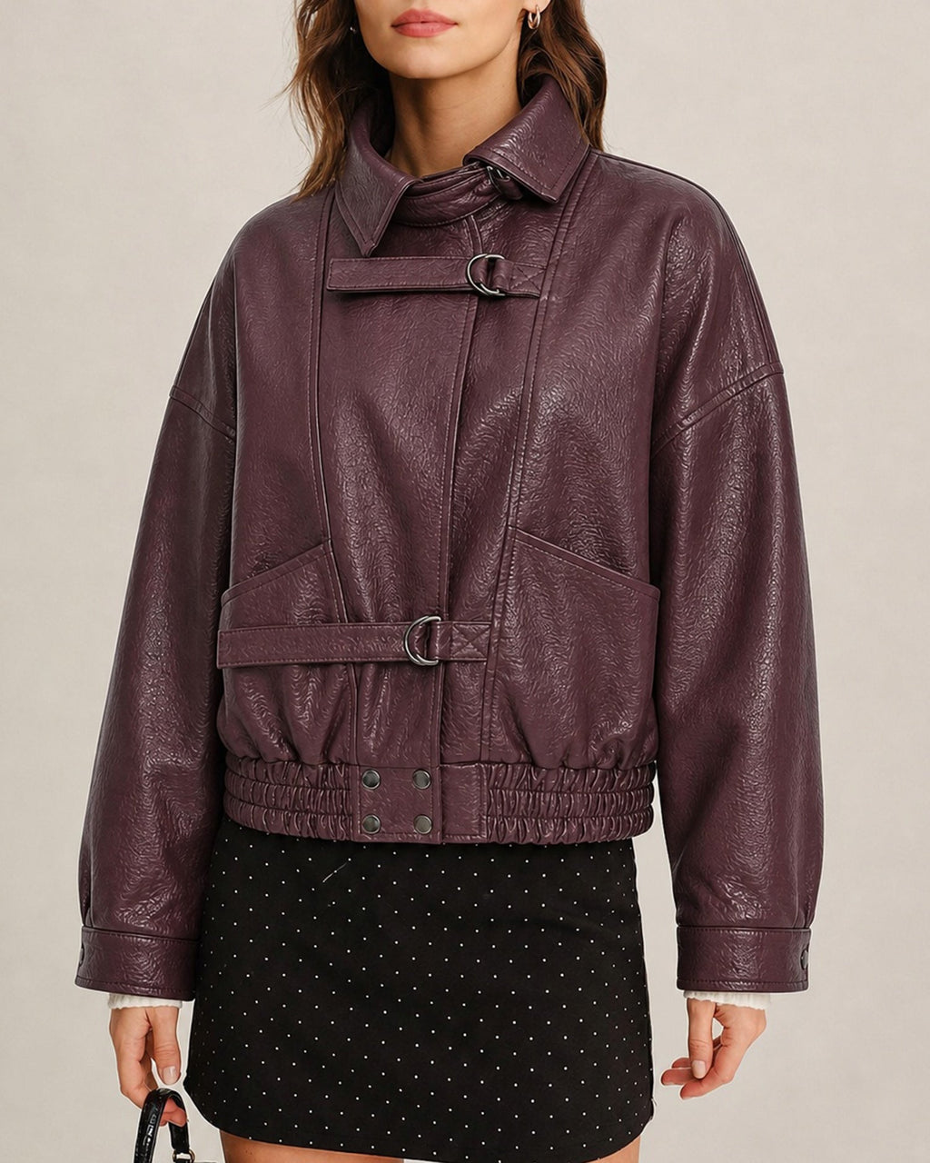 Faux Leather Bomber Jacket with Buckle Belt Detail - Wine Red