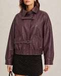 Faux Leather Bomber Jacket with Buckle Belt Detail - Wine Red