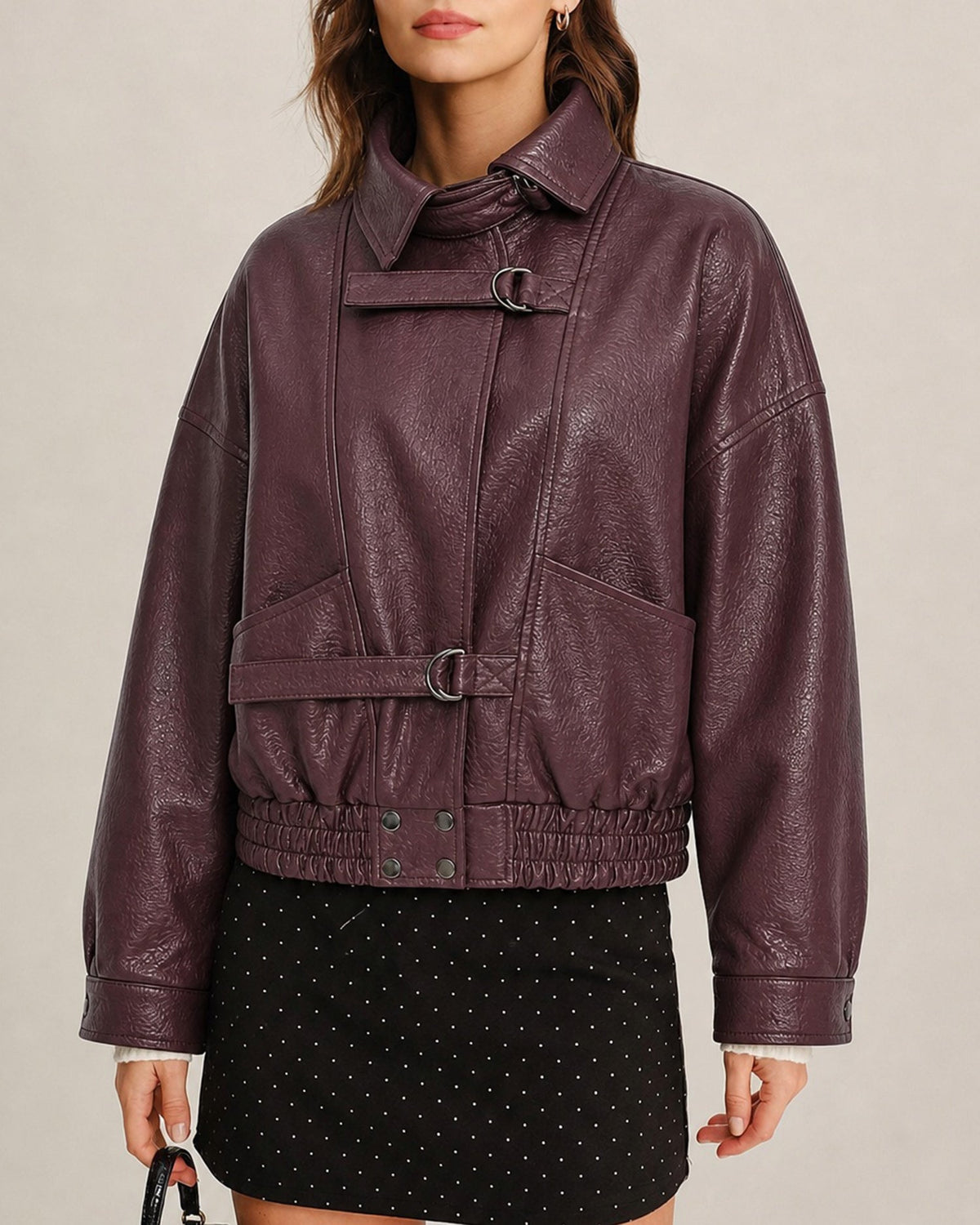 Faux Leather Bomber Jacket with Buckle Belt Detail - Wine Red