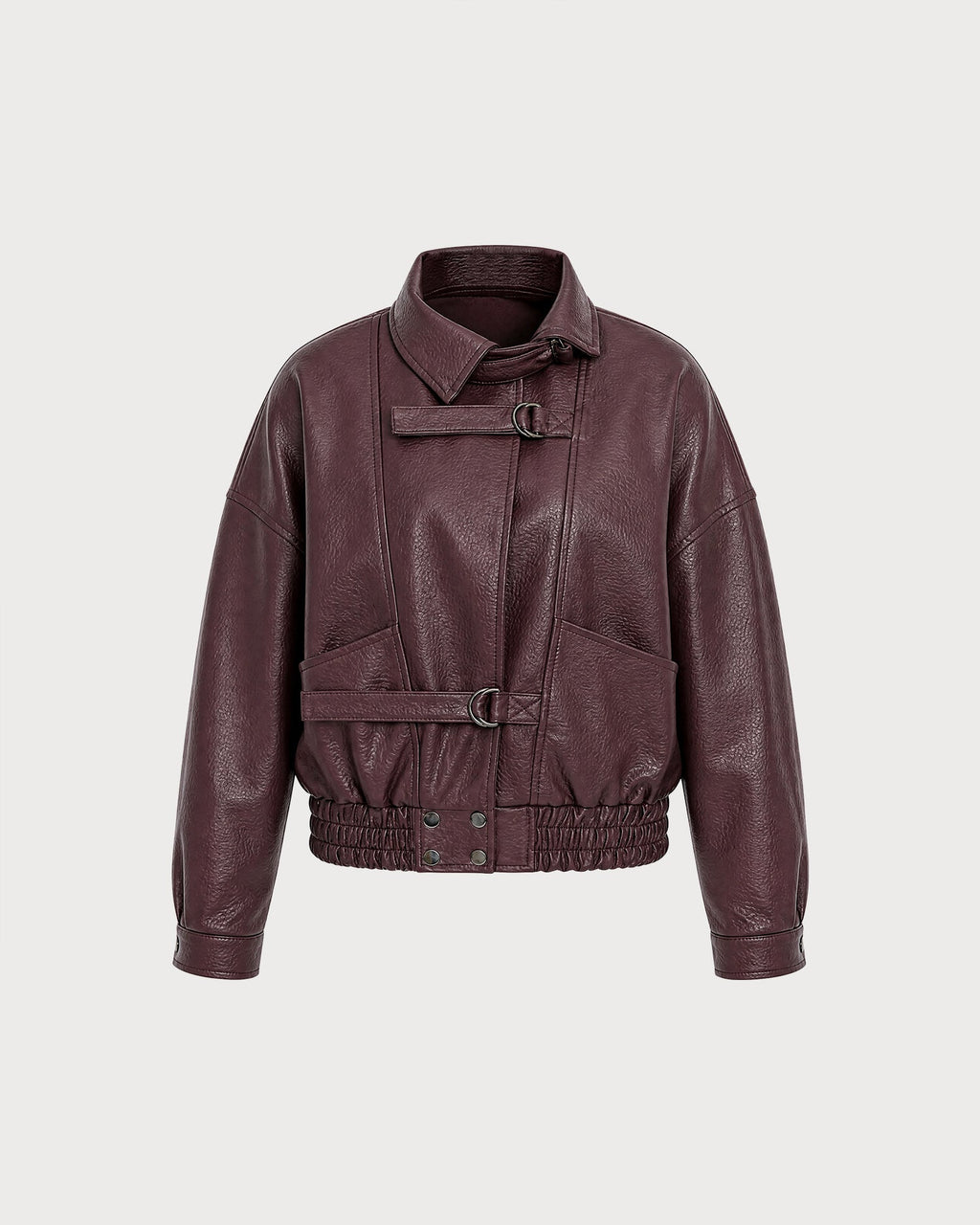 Faux Leather Bomber Jacket with Buckle Belt Detail - Wine Red