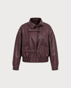 Faux Leather Bomber Jacket with Buckle Belt Detail - Wine Red