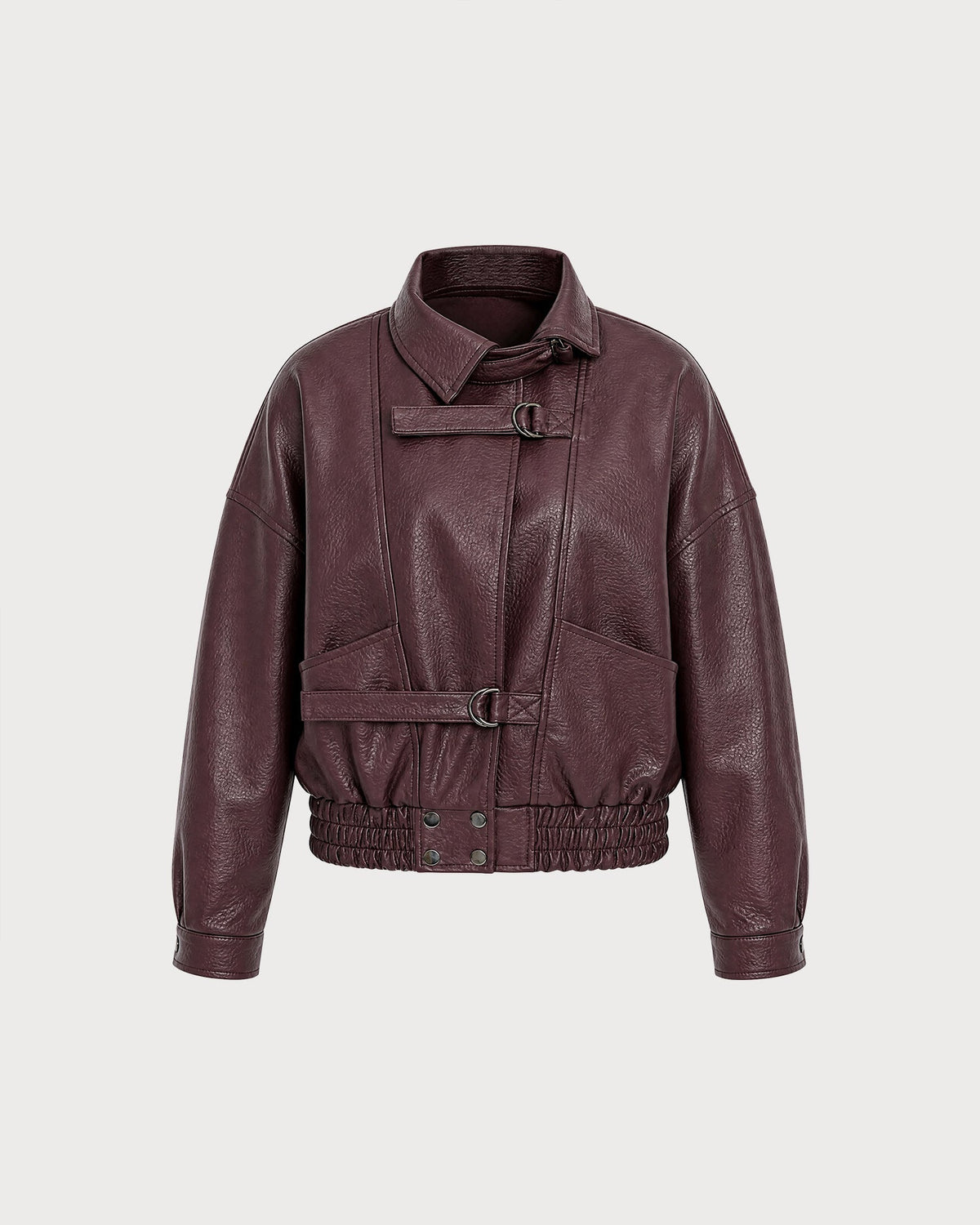 Faux Leather Bomber Jacket with Buckle Belt Detail - Wine Red