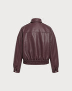 Faux Leather Bomber Jacket with Buckle Belt Detail - Wine Red
