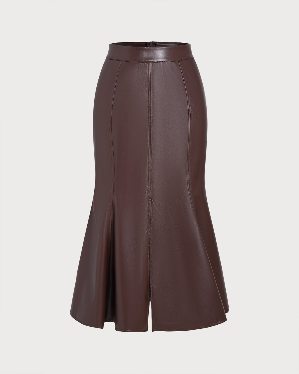 Faux Leather Midi Skirt with Front Slit and Fluted Hem - Coffee