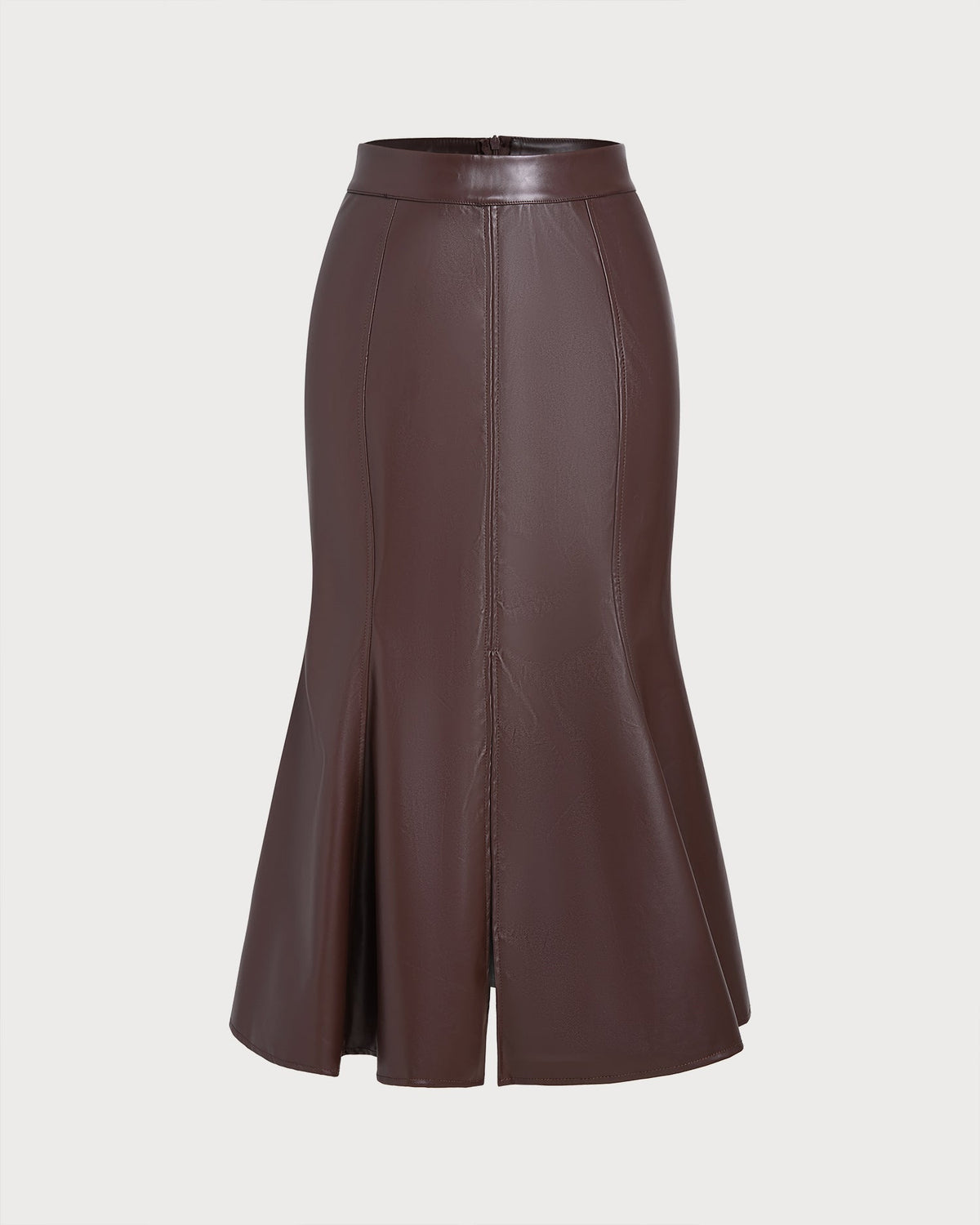 Faux Leather Midi Skirt with Front Slit and Fluted Hem - Coffee