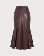 Faux Leather Midi Skirt with Front Slit and Fluted Hem - Coffee