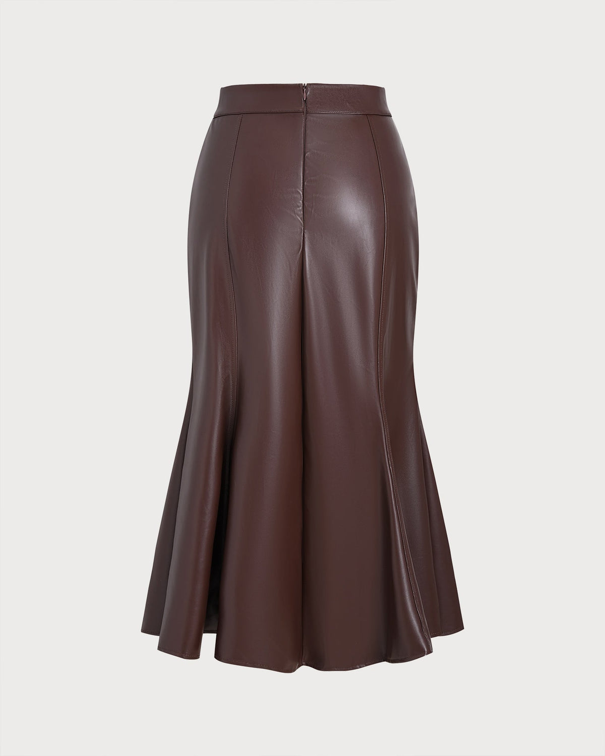 Faux Leather Midi Skirt with Front Slit and Fluted Hem - Coffee