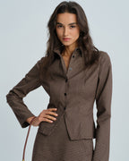 Fine Check Shirt with Point Collar and Shaped Waist - Coffee