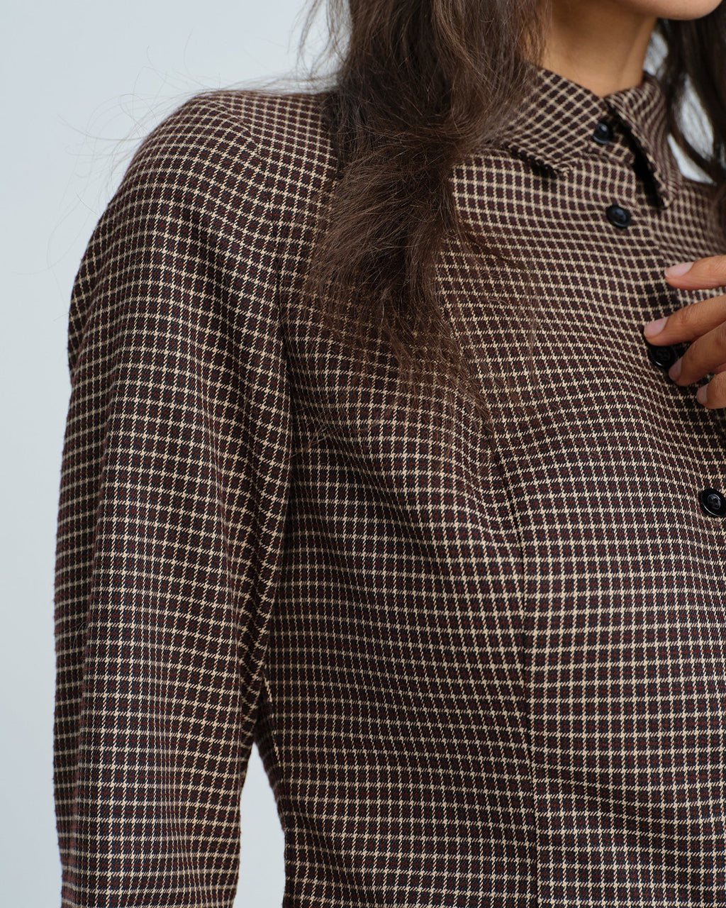 Fine Check Shirt with Point Collar and Shaped Waist - Coffee