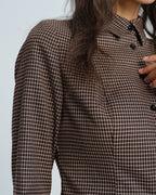 Fine Check Shirt with Point Collar and Shaped Waist - Coffee