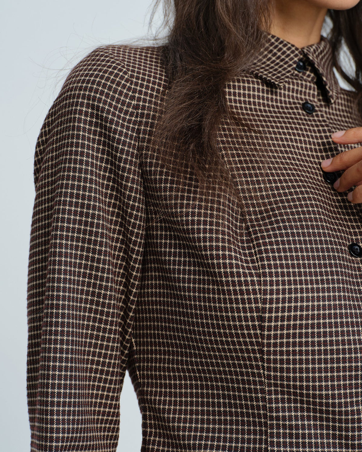 Fine Check Shirt with Point Collar and Shaped Waist - Coffee