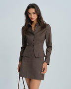 Fine Check Shirt with Point Collar and Shaped Waist - Coffee
