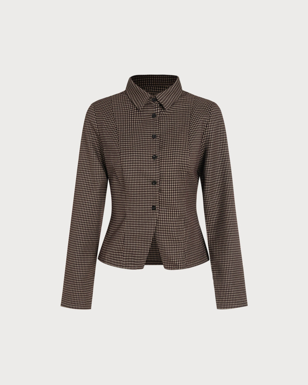 Fine Check Shirt with Point Collar and Shaped Waist - Coffee