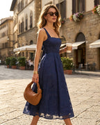 Floral Jacquard Slip Maxi Dress with Square Neck and Straps - Navy