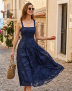 Floral Jacquard Slip Maxi Dress with Square Neck and Straps - Navy