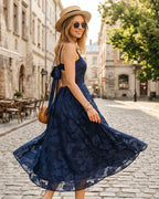 Floral Jacquard Slip Maxi Dress with Square Neck and Straps - Navy