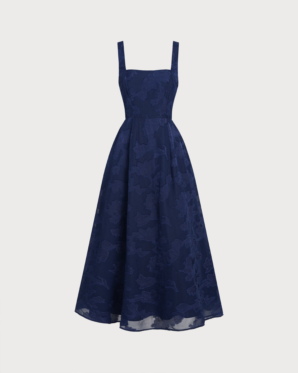 Floral Jacquard Slip Maxi Dress with Square Neck and Straps - Navy